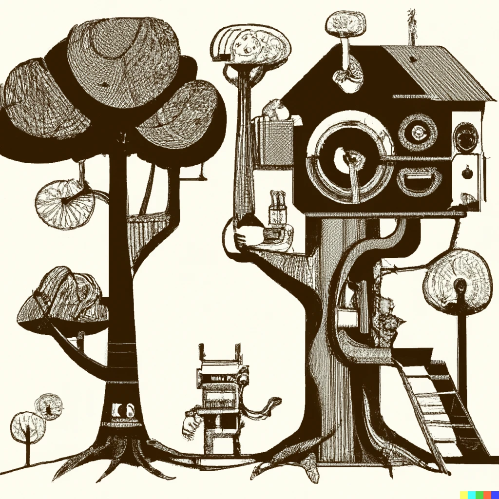 Prompt: a treehouse city that's home to gnomes and lemmings and robots