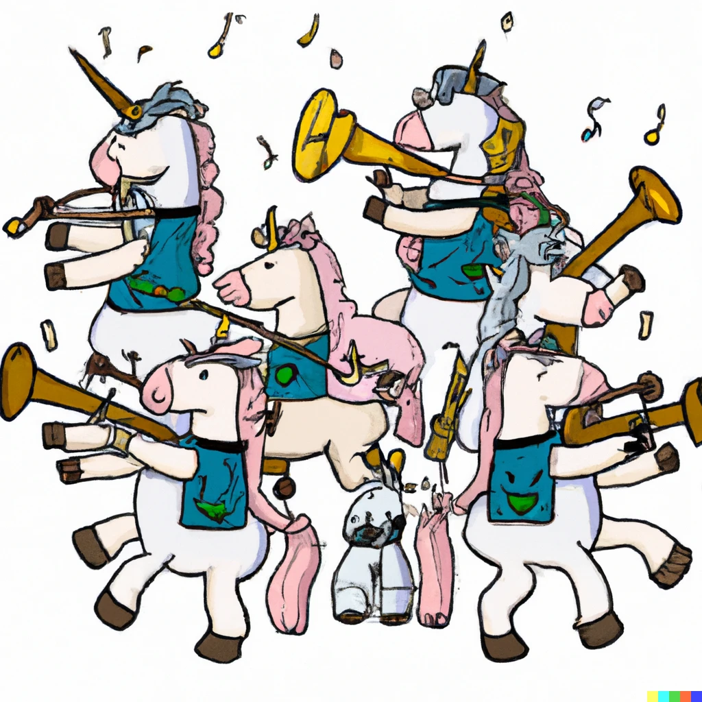 Prompt: an orchestra of unicorns playing bagpipes