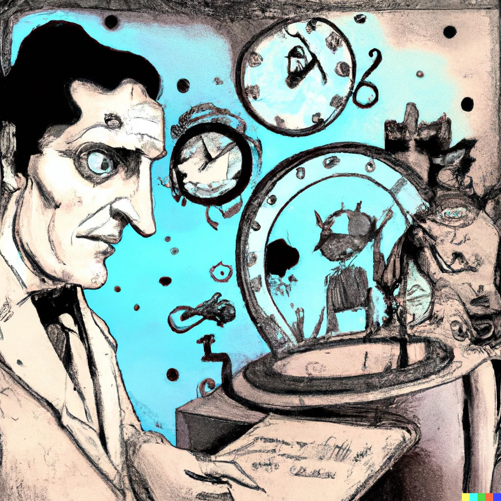 Prompt: Dr. Frankenstein creating a time paradox in his laboratory, hand-drawn by Dali then edited by a robot