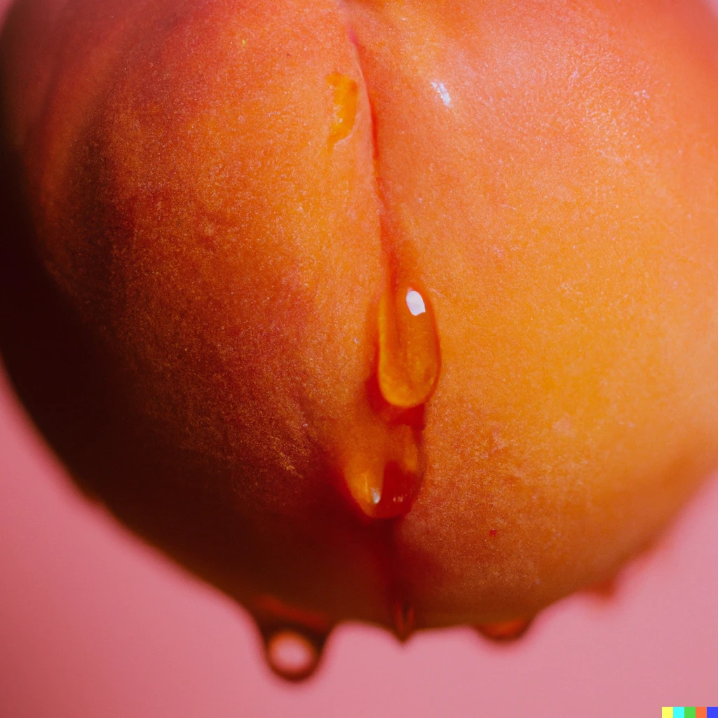Prompt: 35mm macro photo of a lush peach dripping, pink backdrop