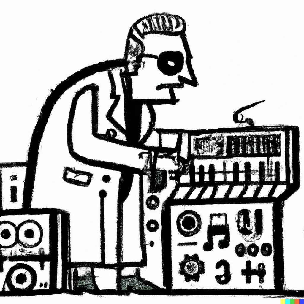 Prompt: Dr Frankenstein using a modular synthesizer, doodle