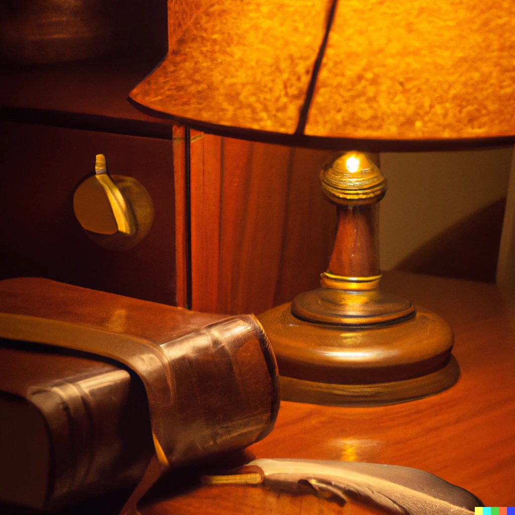 Prompt: A vintage lamp and a leather journal and a quill, warm golden hue, oak nightstand 