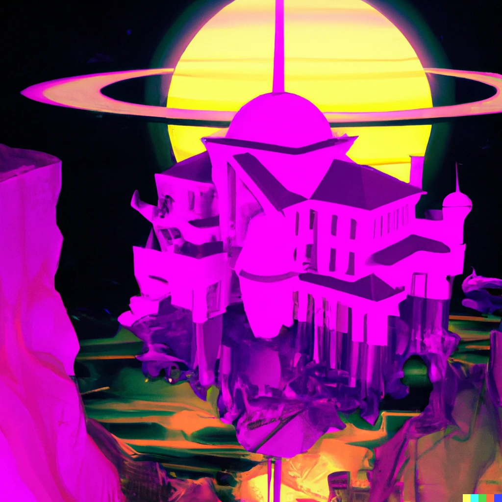Prompt: Synthwave castle on planet Saturn
