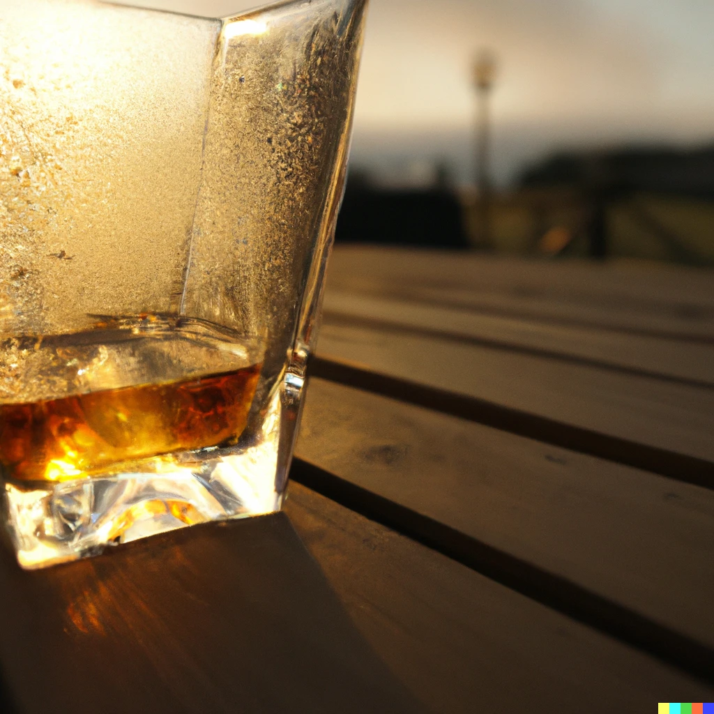 Prompt: A glass of whiskey with condensation on a picnic table at dawn