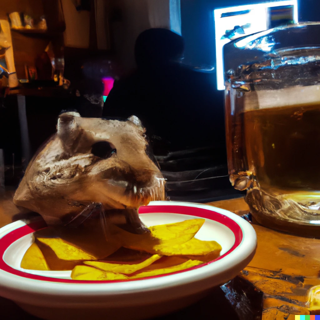 Prompt: drunk gerbil eating nachos in a bar in  Tijuana