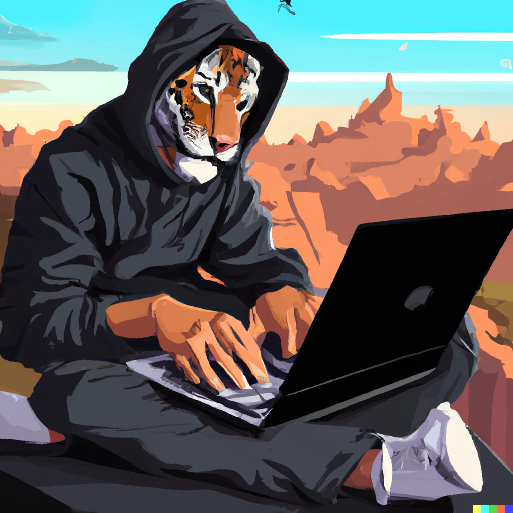 Prompt: manga of a tiger in a black hoodie hacking on a laptop at the grand canyon