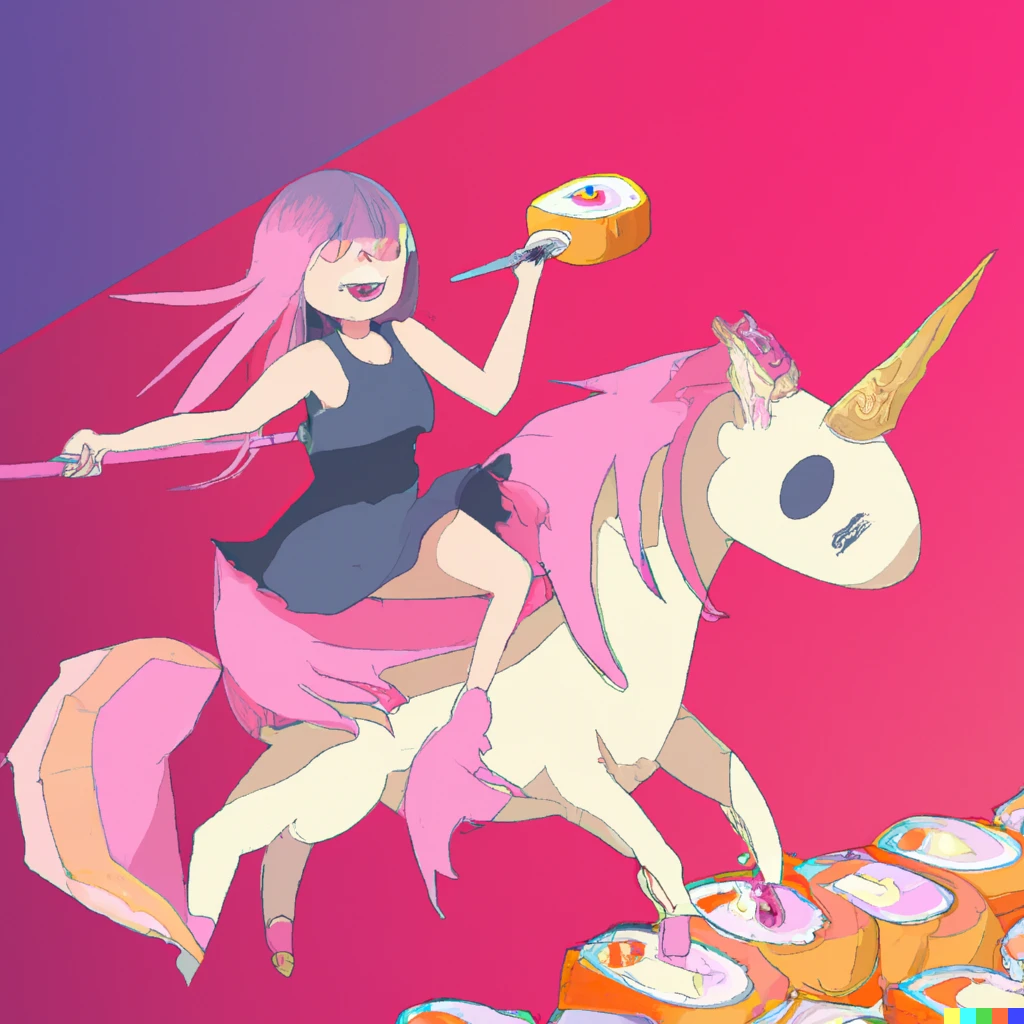 Prompt: Happy girl riding on unicorn and eating sushi at the same time, crypto style art with gradients in the background