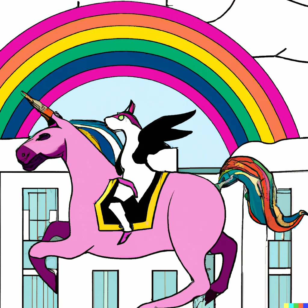 Prompt: investment bank riding a pink unicorn with rainbow in the background, crypto art style