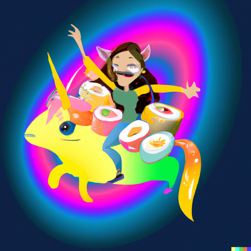 Prompt: Happy girl riding on beautiful, healthy unicorn and eating sushi at the same time, crypto style art with gradients in the background