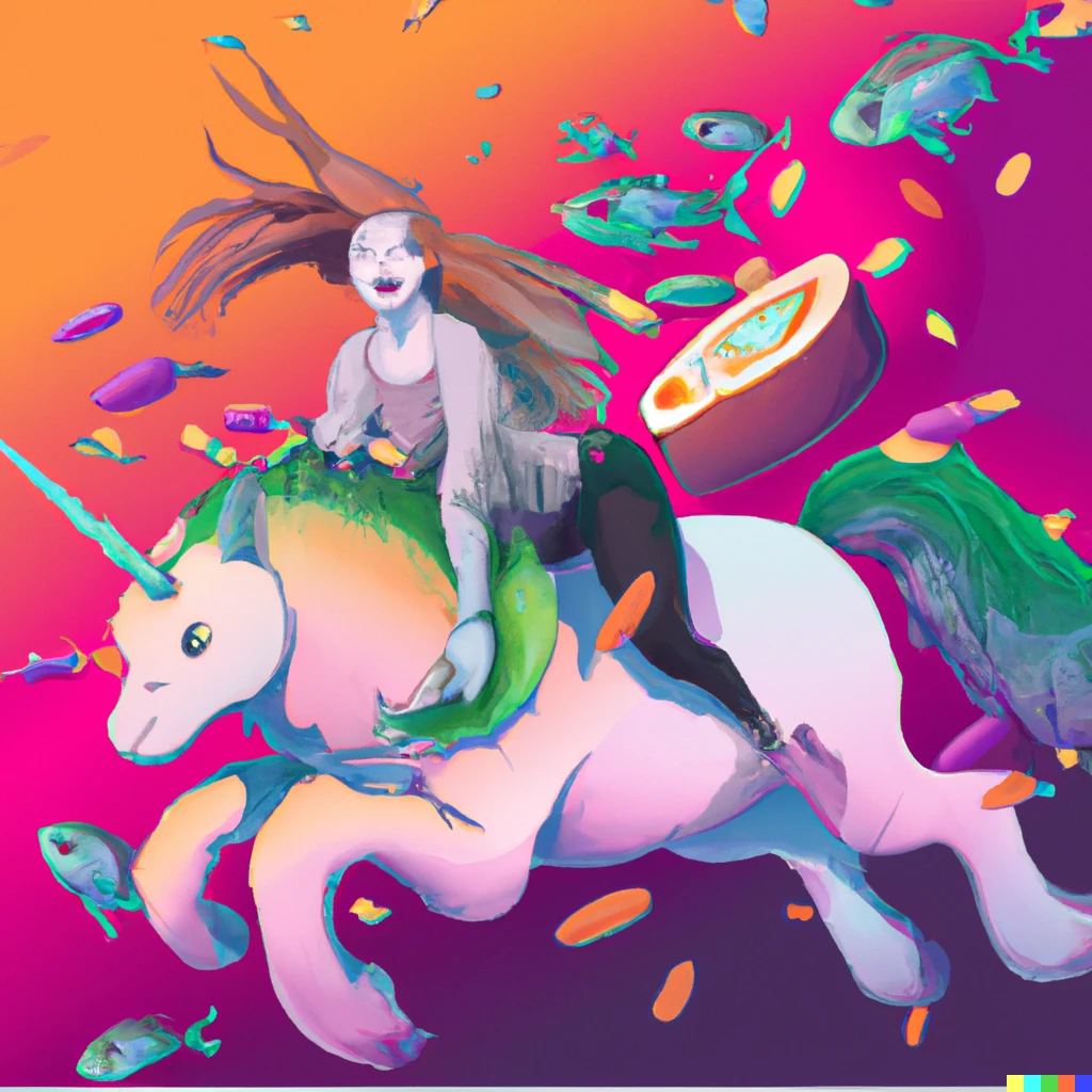 Prompt: Happy girl riding on beautiful, healthy unicorn and eating sushi at the same time, crypto style art with gradients in the background