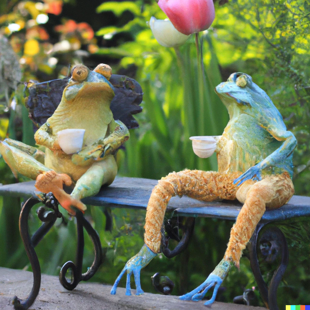 Prompt: A Photo of humanlike frogs sitting on a table and drinking tea in a beautyful garden 
