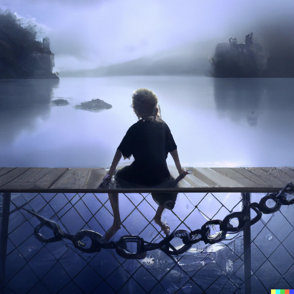Prompt: boy seated on the edge of a platform, chains to his hands and legs as he  overlooks a blue misty lake, digital art