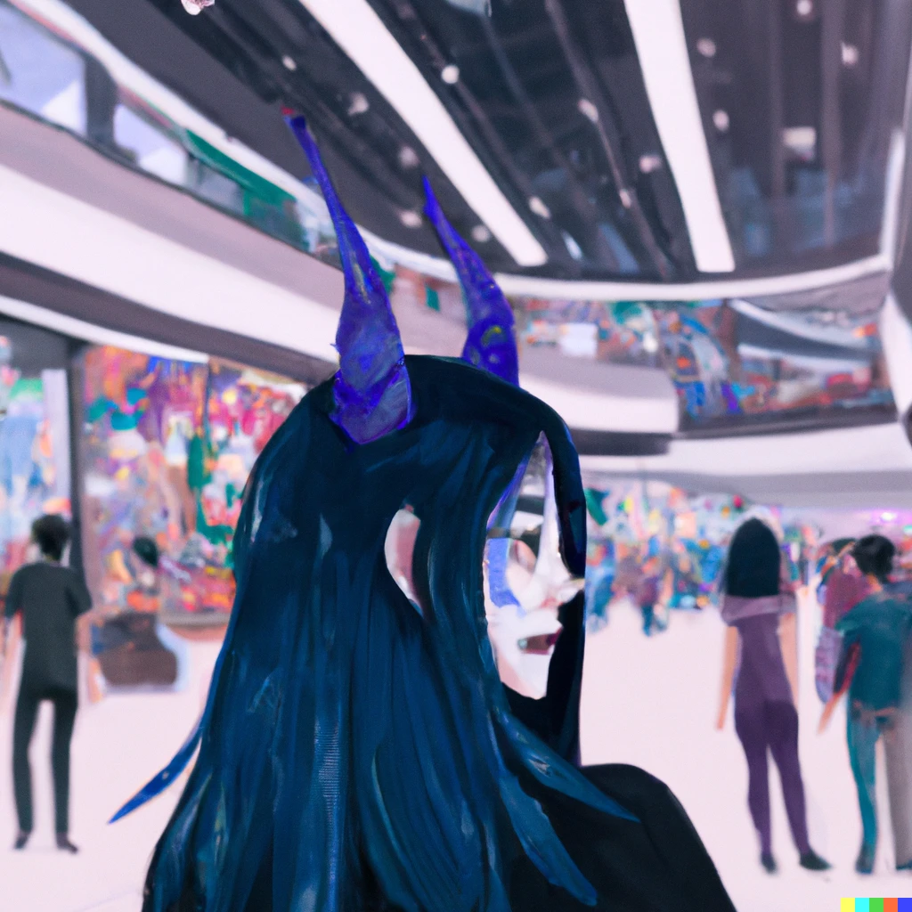 Prompt: Digital art of an alien in a shopping mall full of calm people