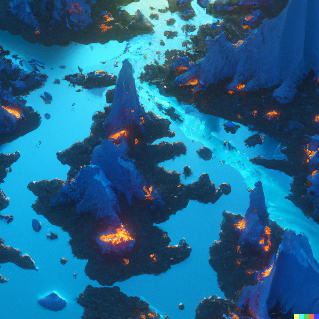 Prompt: blue lava in the river from sky, digital art