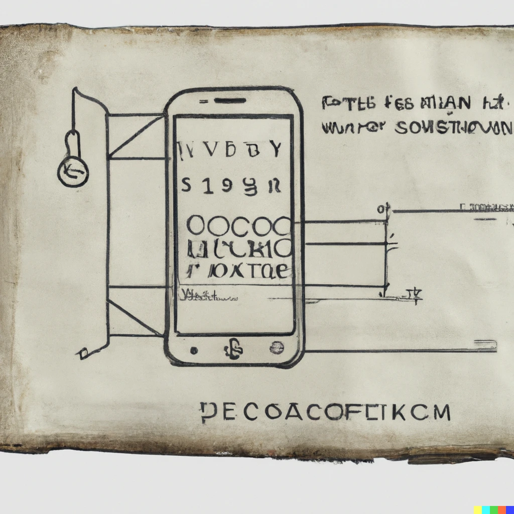 Prompt: An ancient parchment of a Euclidian proof, in ancient Greek, but the diagram is a sketch of a modem-day smartphone