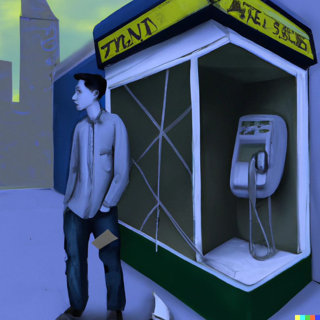 Prompt: Standing Outside a Broken Phone Booth with Money in My Hand, digital art