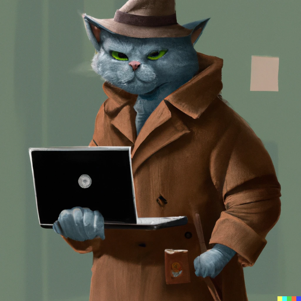 Prompt: Photorealistic image of a blue cat in a light brown trench coat and matching hat with its hands in its pocket standing next to a hackers laptop