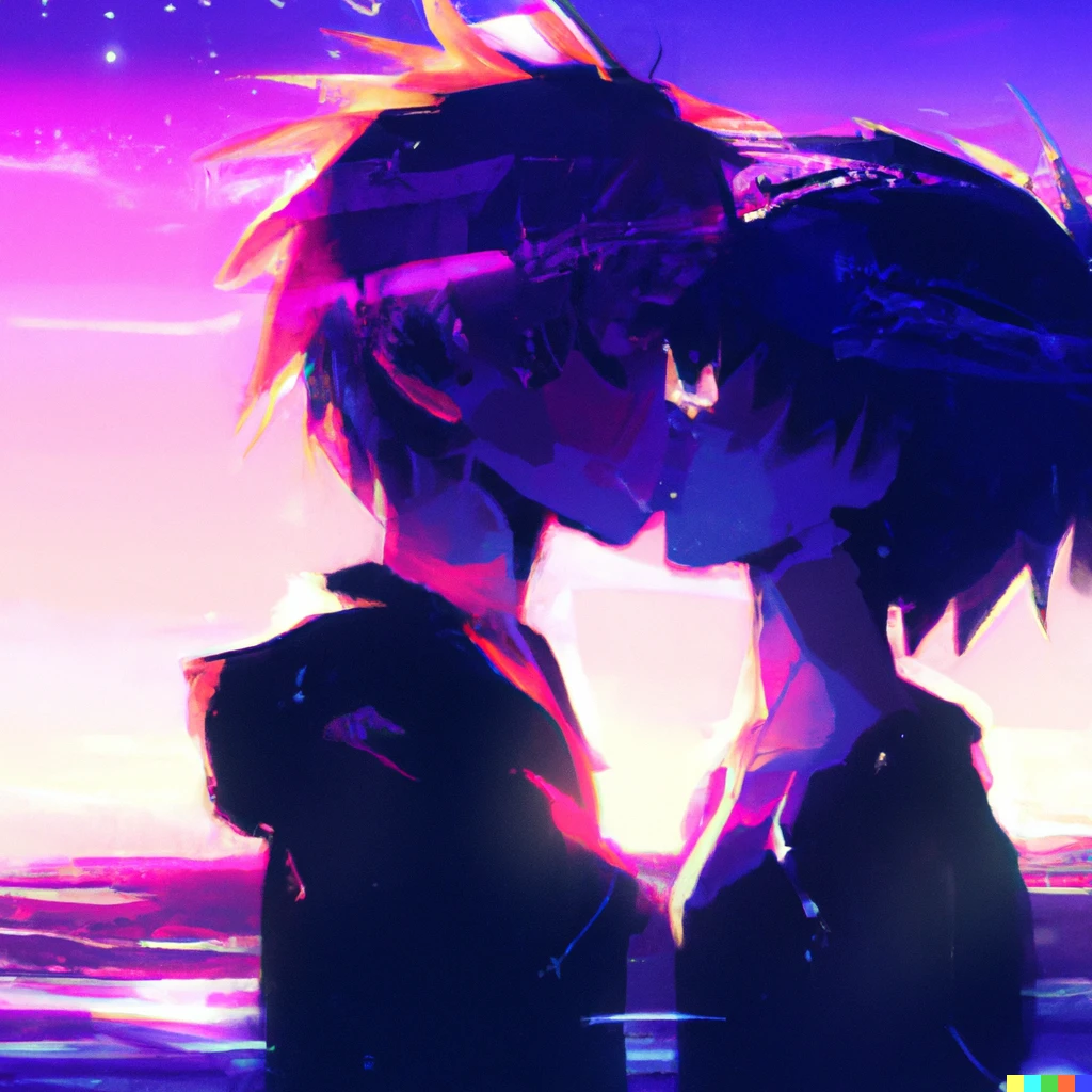 Prompt: a synthwave style digital art of two cute animeboys kissing with passion in front of the ocean