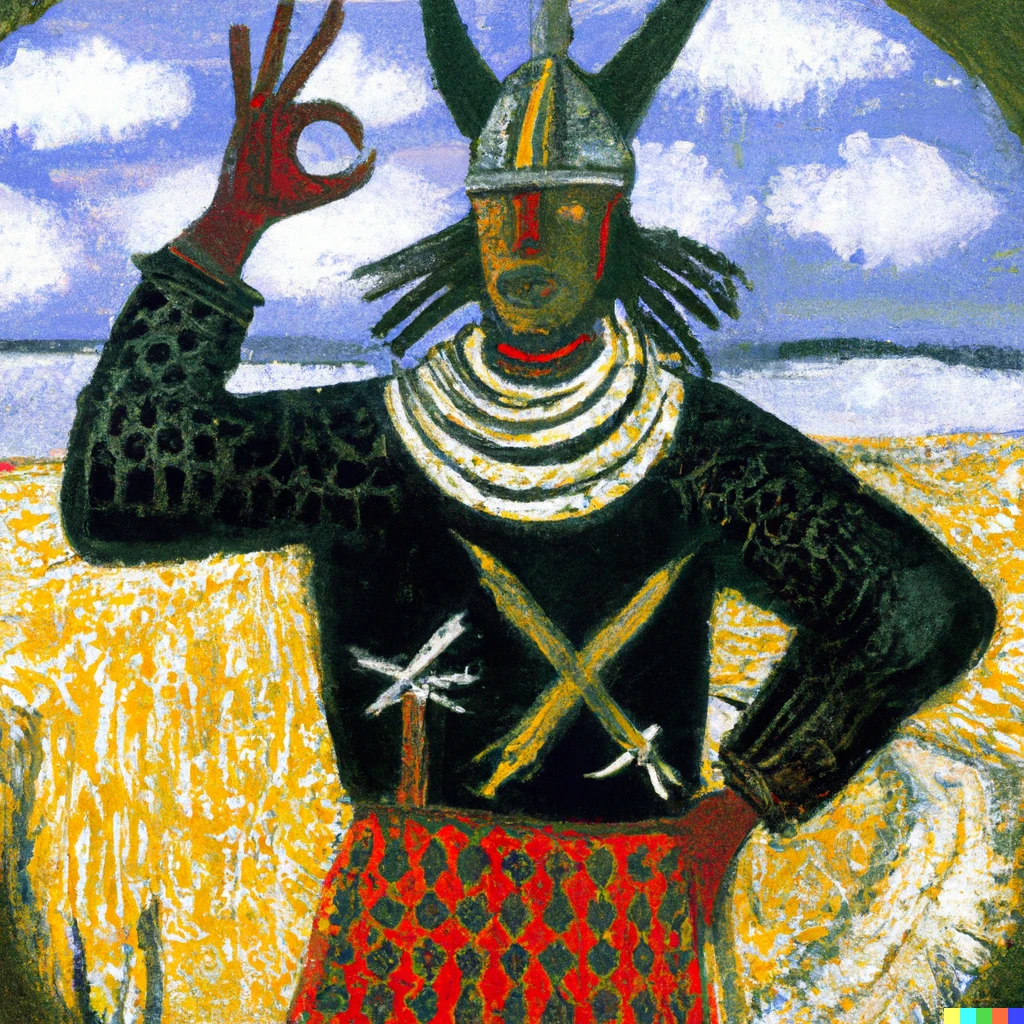 Prompt: "Viking in a cornfield giving an a-okay sign" by Basquiat