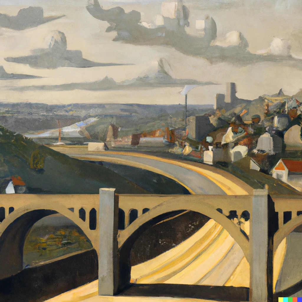 Prompt: Bloomfield Bridge, Pittsburgh, Pa, painted in the style of John Kane, 1930