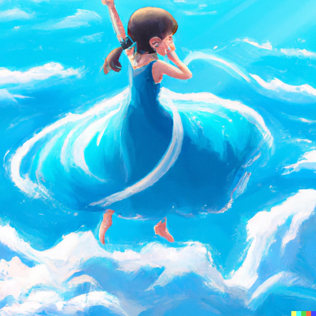 Prompt: a little girl with a blue dress dancing on an ocean of white clouds, digital art