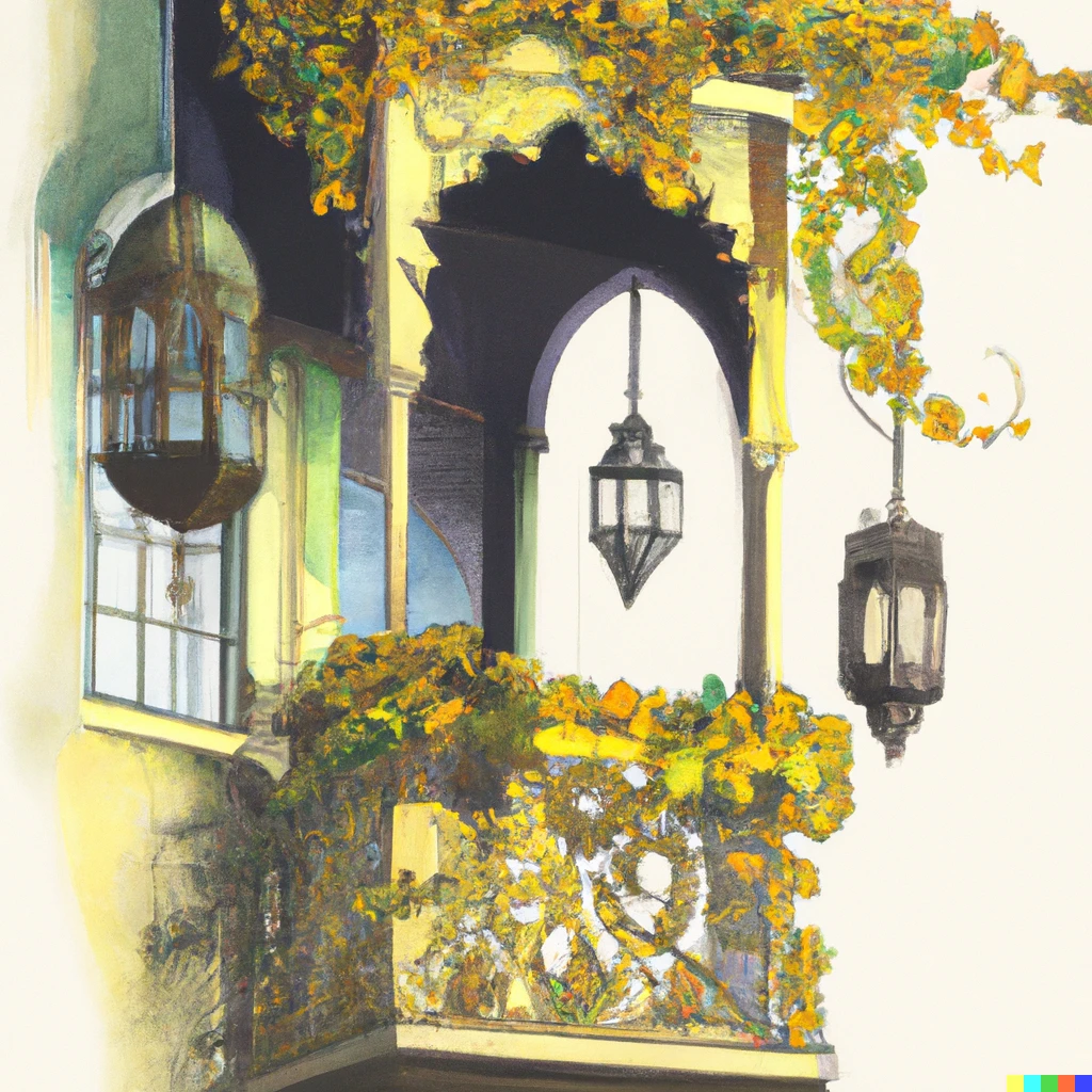 Prompt: Painting of a balcony with a lacy canopy of white-painted ironwork, overgrown with vines dangling yellow flowers and lamps of stained glass shaped like gramophones sprouting from columns that hold up the corners