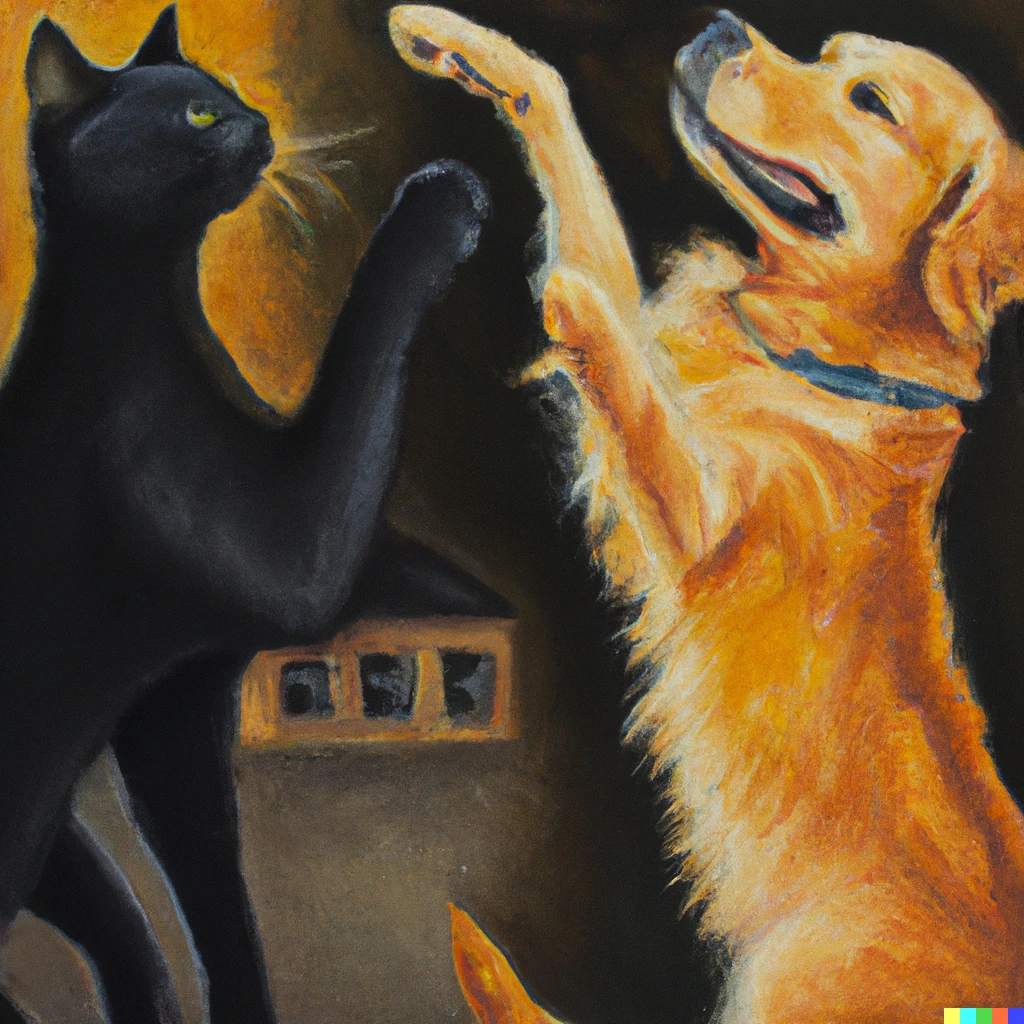 Prompt: an oil painting of a golden retriever with three legs and a black cat giving each other a high five