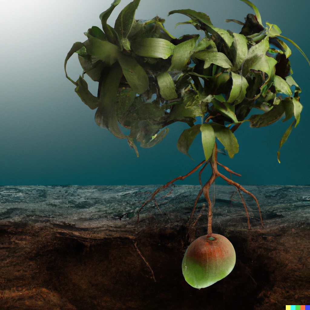Prompt: photo of a mango tree growing on the surface of mars with water and life 