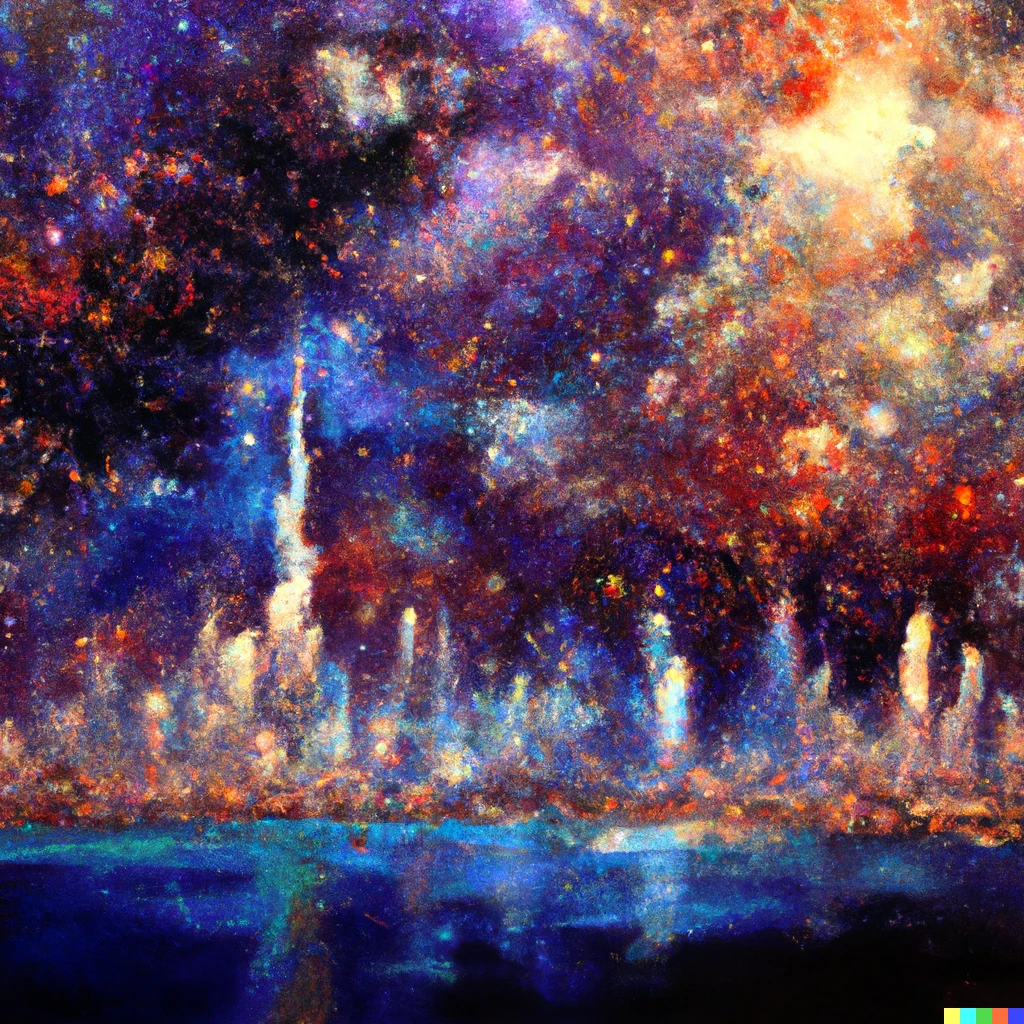 Prompt: An expressive oil painting of new york city skyline merged with dubai skyline, depicted as an explosion of a nebula
