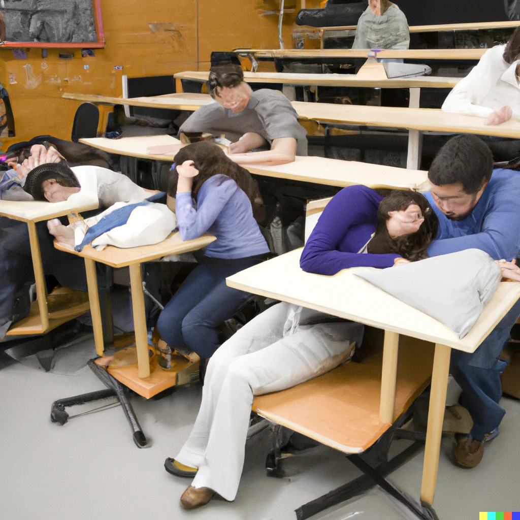 Prompt: College students sleeping on benches in an Engineering Drawing class