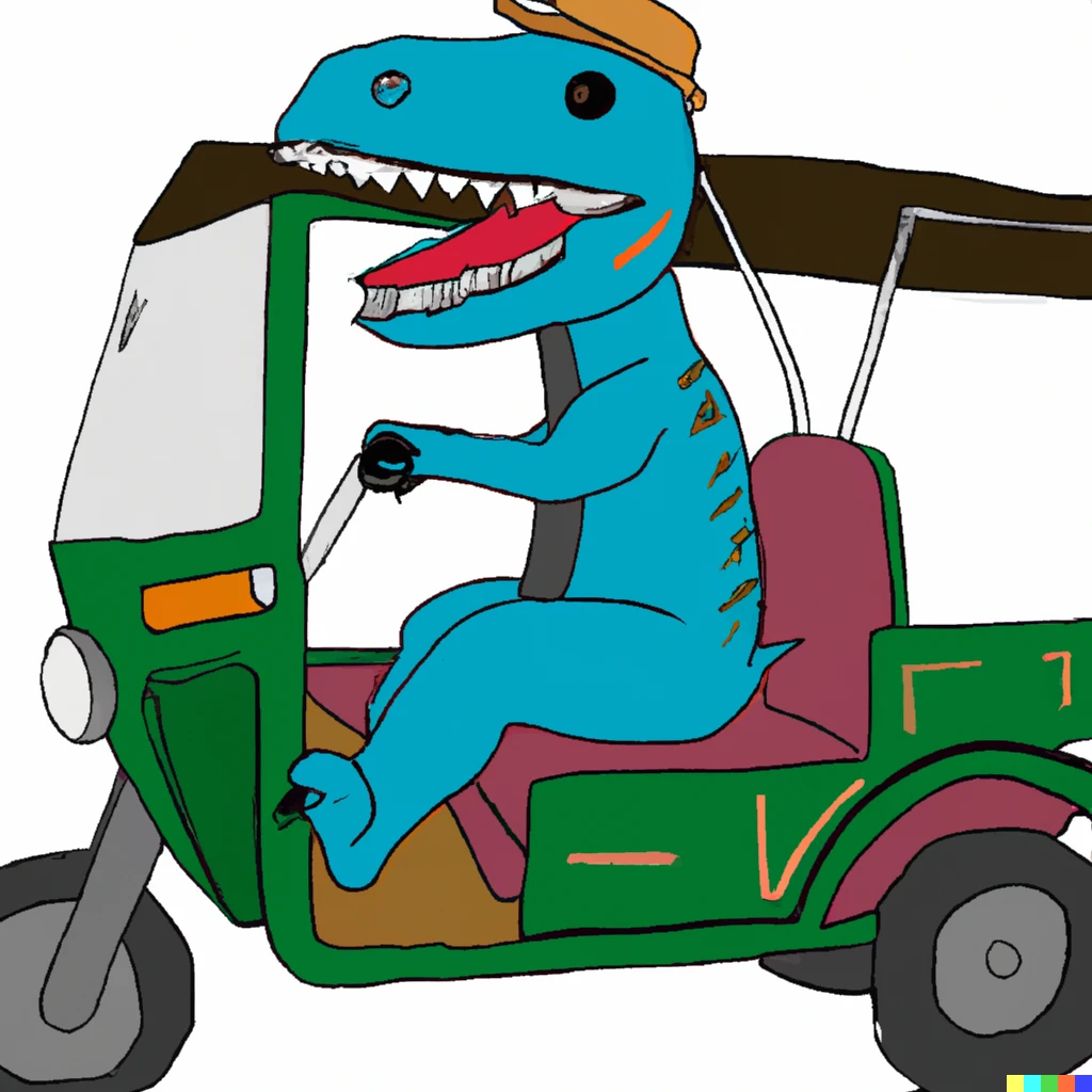 Prompt: dinosaur driving a tuk tuk