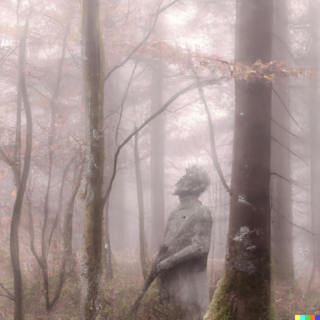 Prompt: an effigy standing in a foggy woodland in the fall season, washed color palette with mossy accents, photograph
