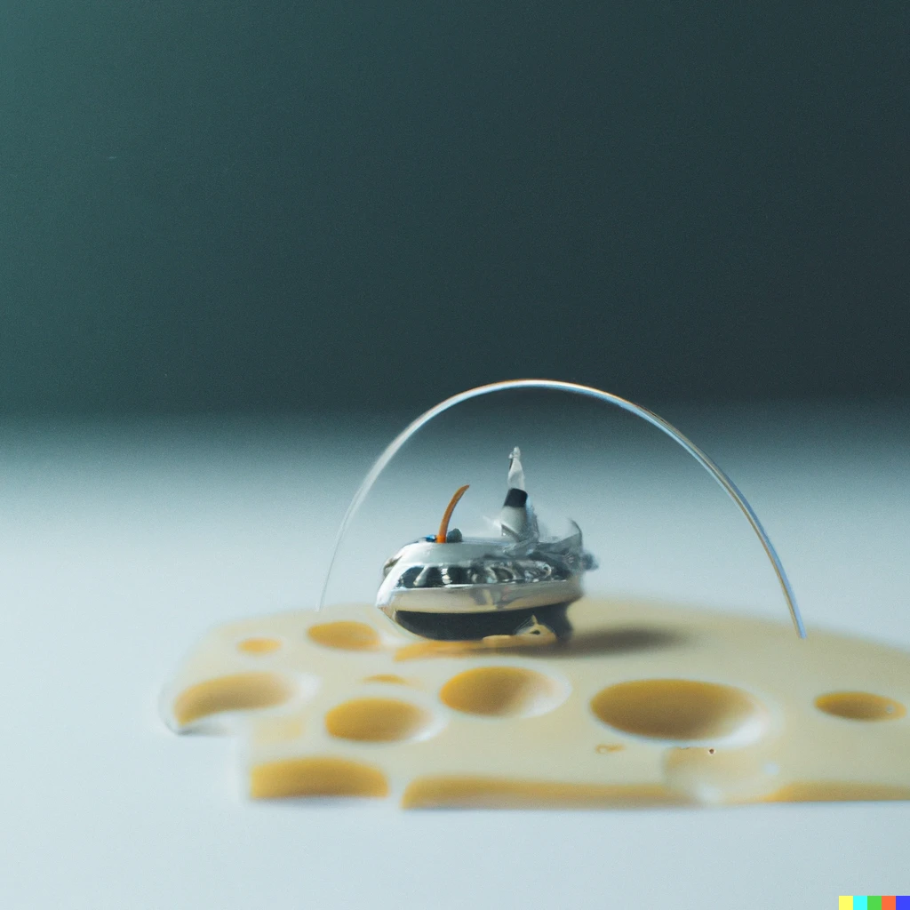 Prompt: A photograph 35mm of a tiny spaceship in a Alice of cheese 