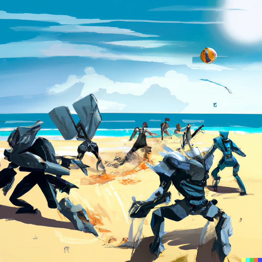 Prompt: Digital ART, mechwarriors playing voley in a sunny beach