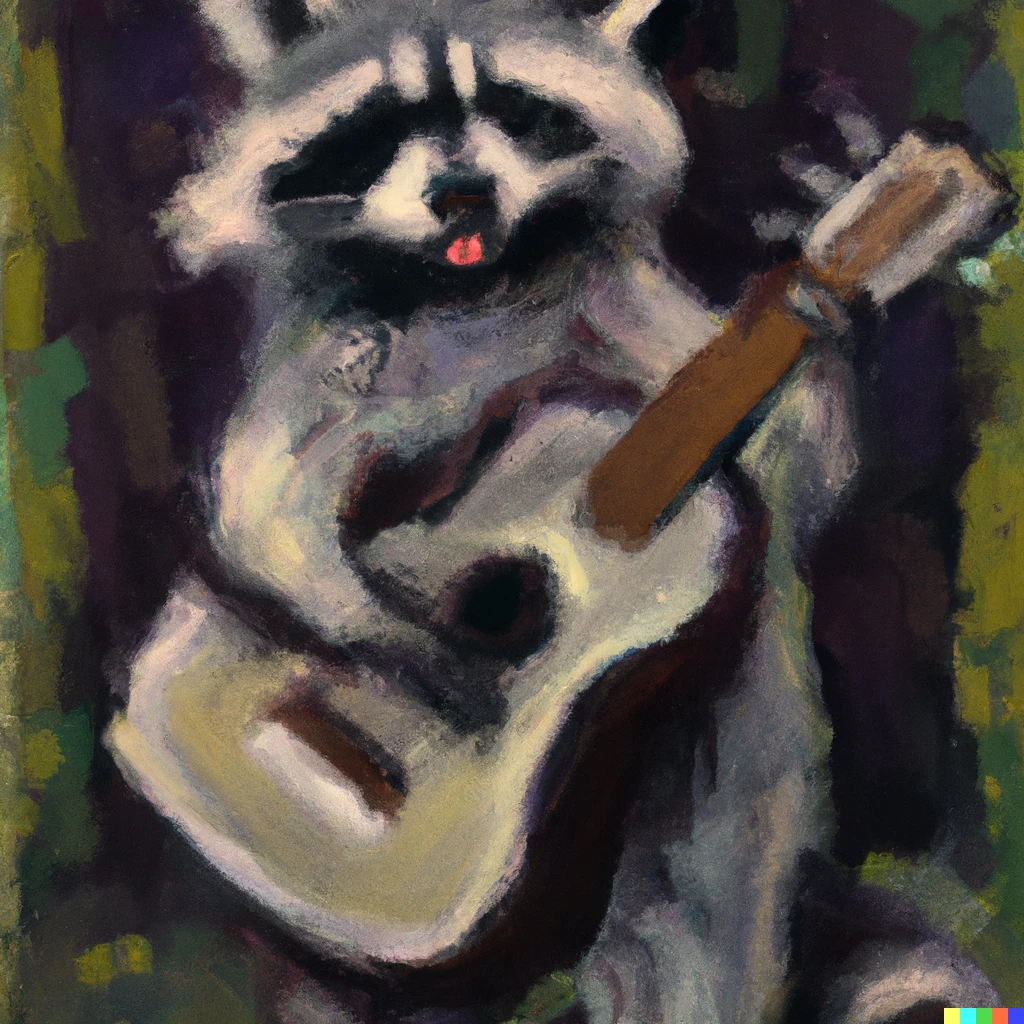 Prompt: An impressionist painting of a racoon playing guitar