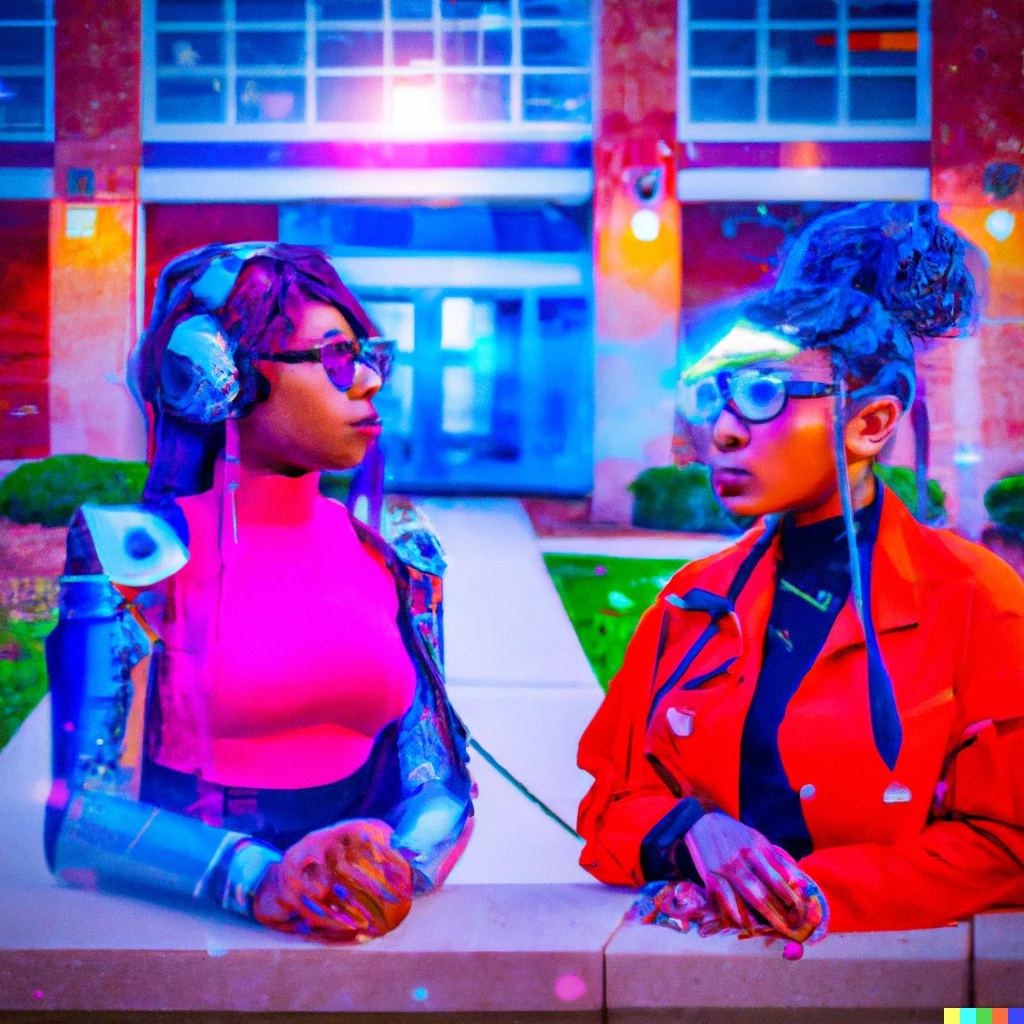 Prompt: black women at college in the future on another planet