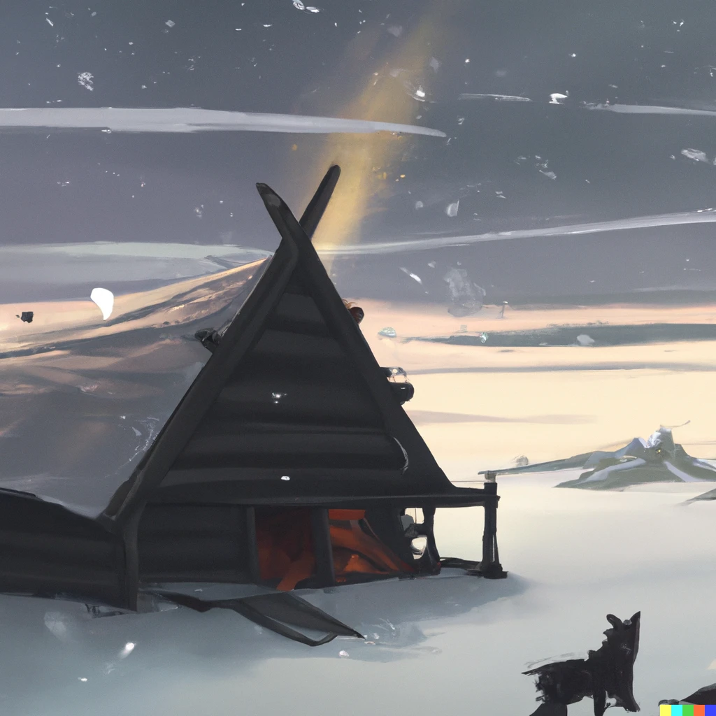 Prompt: A viking house in the middle of a tundra, with snow falling and wolves lurking around, digital art