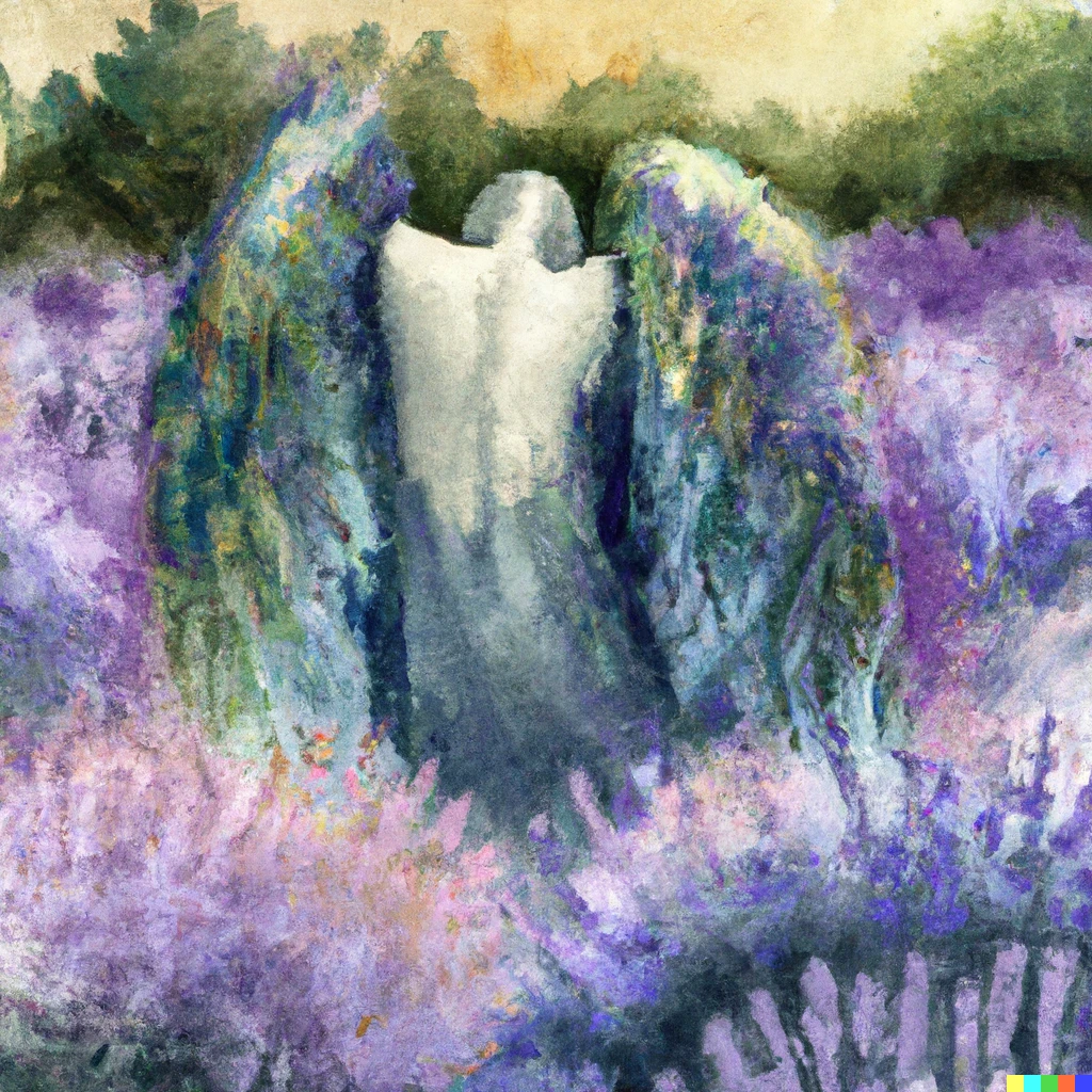 Prompt: An impressionist watercolour painting of a druid with broken wings laying over a field of lavender flowers 