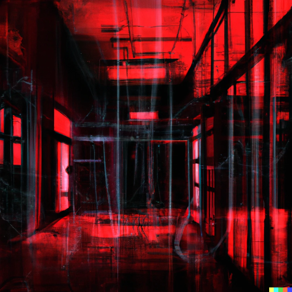 Prompt: Mental asylum, red neon lights, emergency exits and broken glass, digital art.
