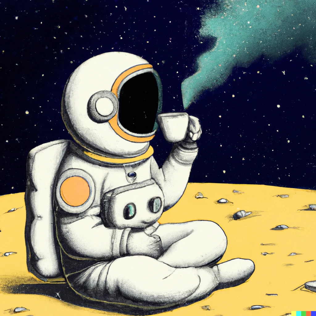 Prompt: An astronaut drinking tea and watching the universe