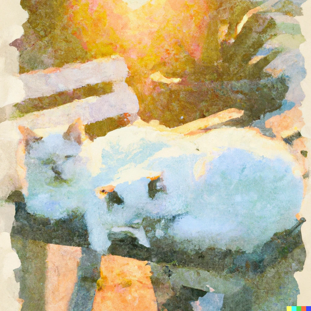 Prompt: Two white cats sleeping on top of a wooden chair in the middle of a garden, sunset, watercolour