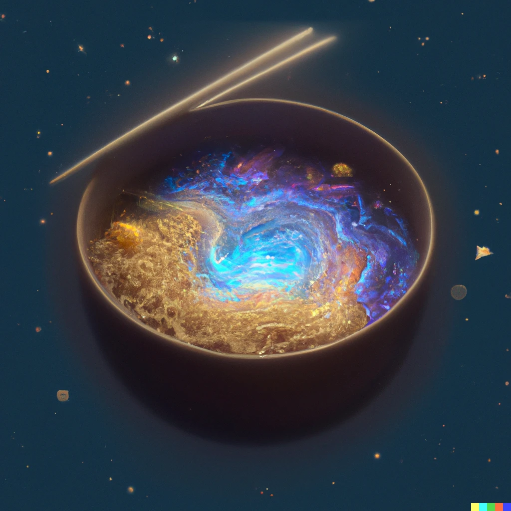 Prompt: A ramen bowl containing a galaxy inside of it, digital art 