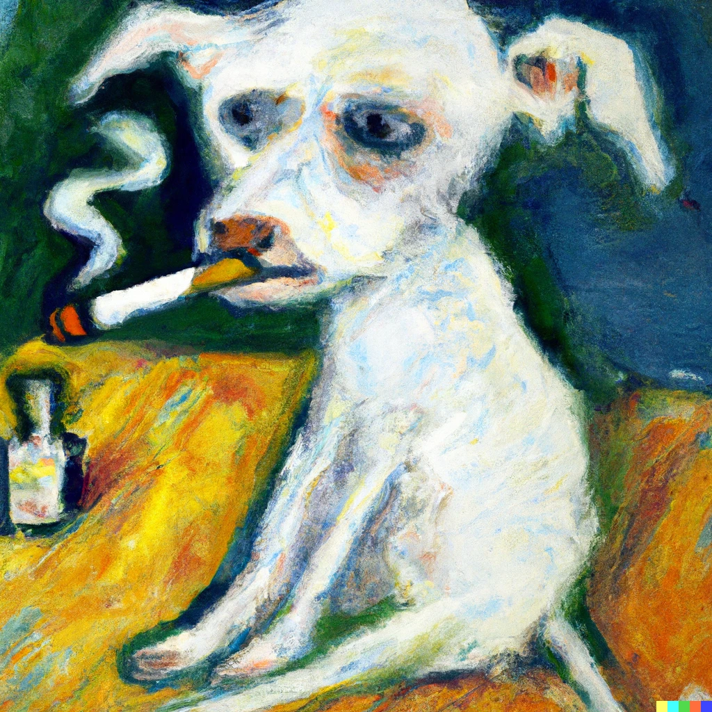 Prompt: small white dog smoking a cigarette in the style of Picasso as imagined by Renoir