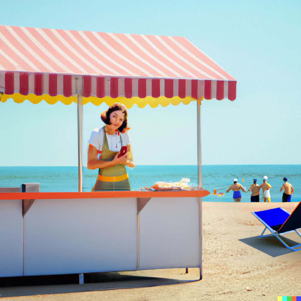 Prompt: A woman texting while selling snacks at the beach in the style of Renoir