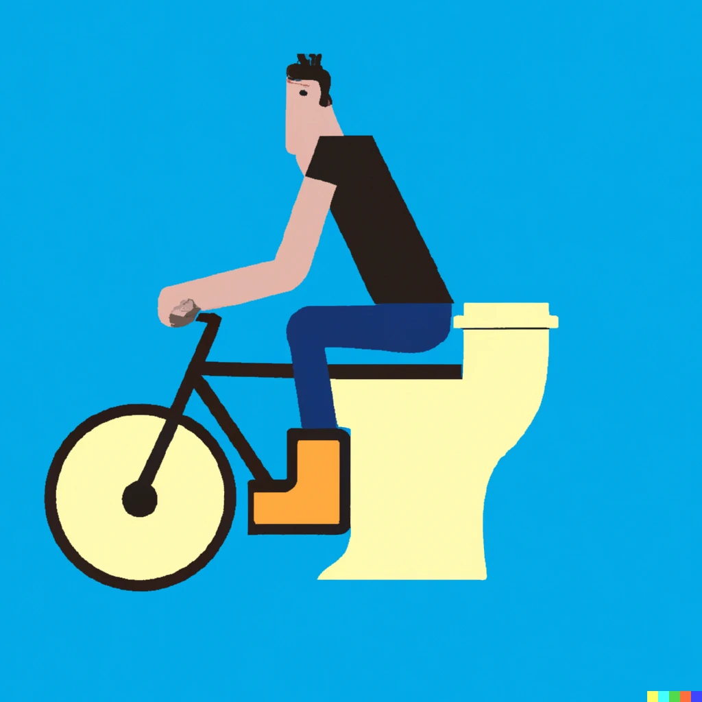 Prompt: person riding bike sitting on toilet