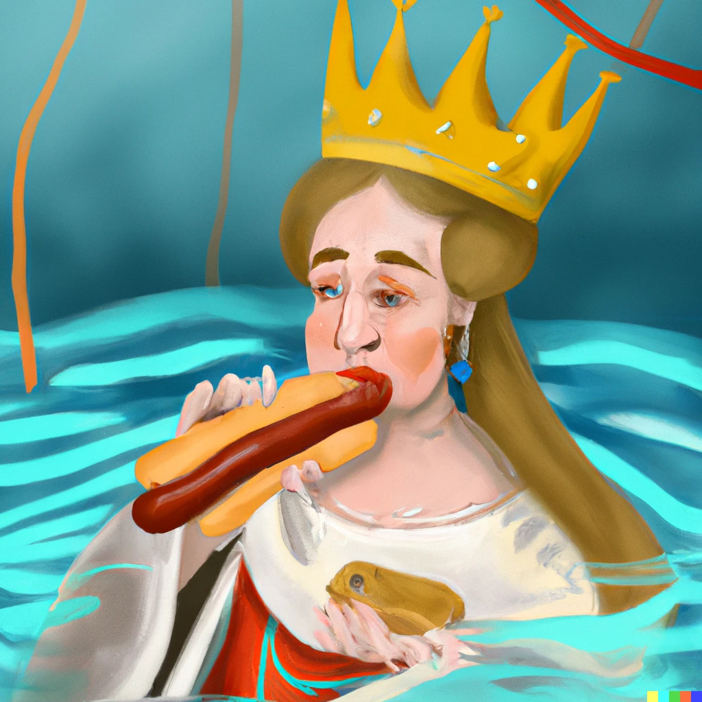 Prompt: medieval queen eating hot dogs underwater 