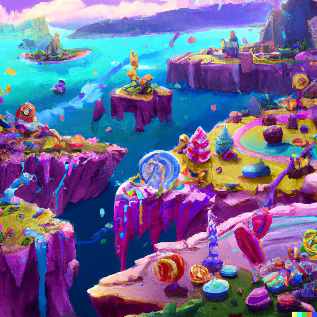 Prompt: World of Warcraft concept art of a landscape where everything is made of candy