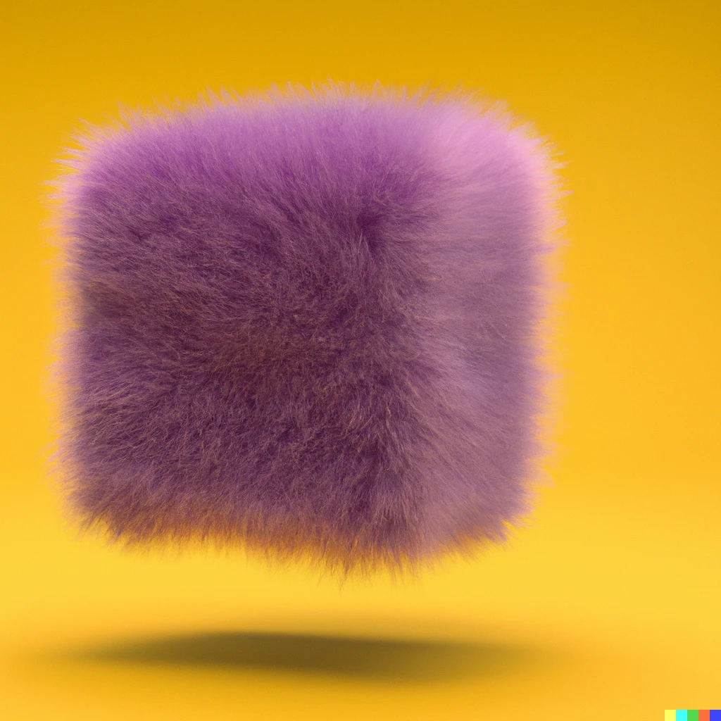Prompt: 3D render of a purple fur covered levitating cube with yellow background