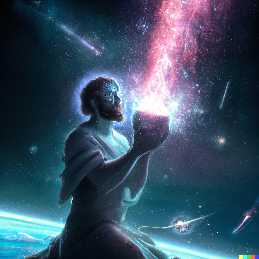 Prompt: God adding salt from above to a galaxy, digital art