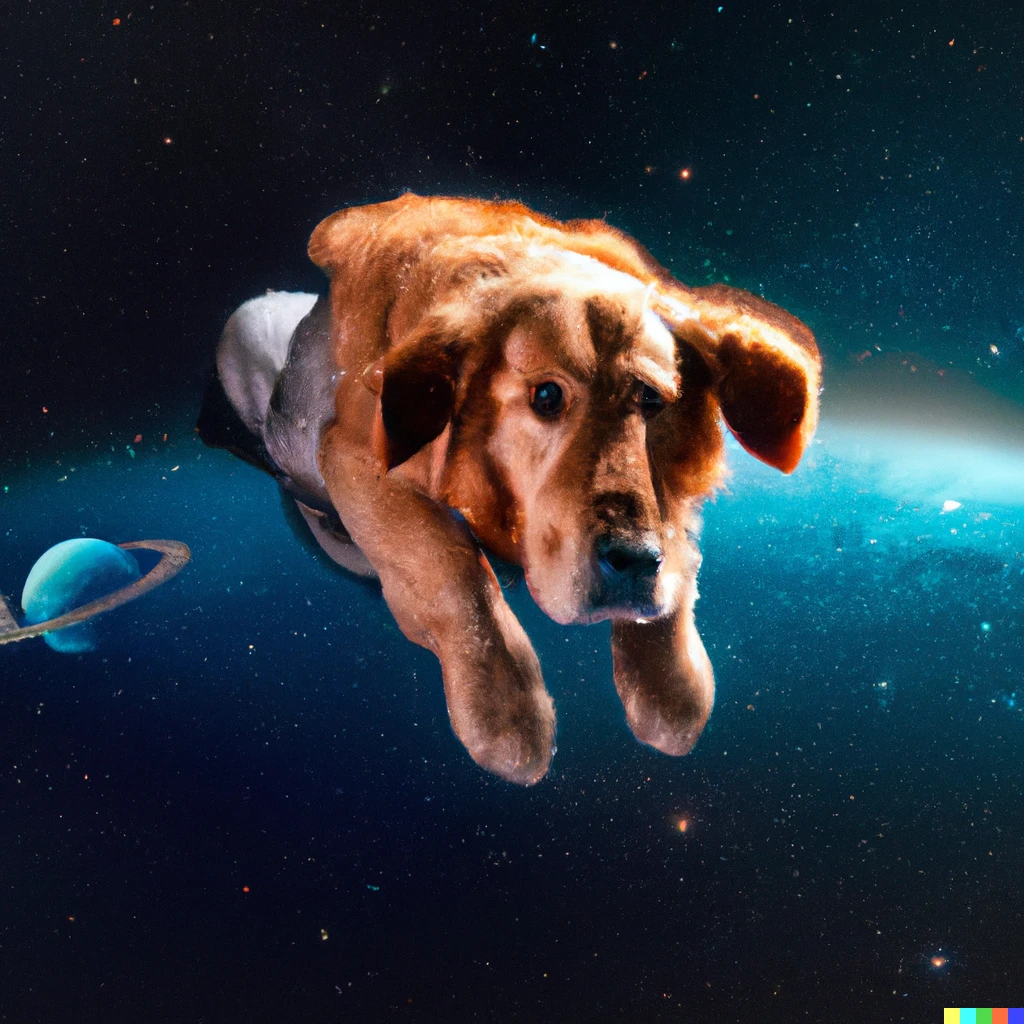 Prompt: A golden retriever flying in space